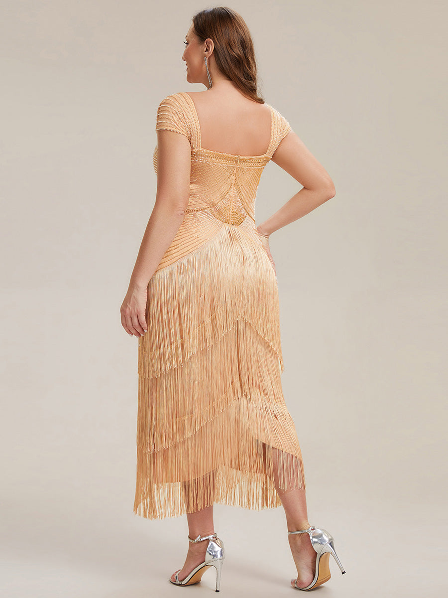 Sequin Sleeveless fringe cocktail dress #color_Gold