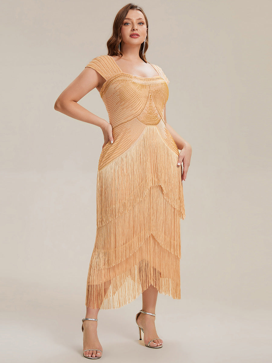 Sequin Sleeveless fringe cocktail dress #color_Gold