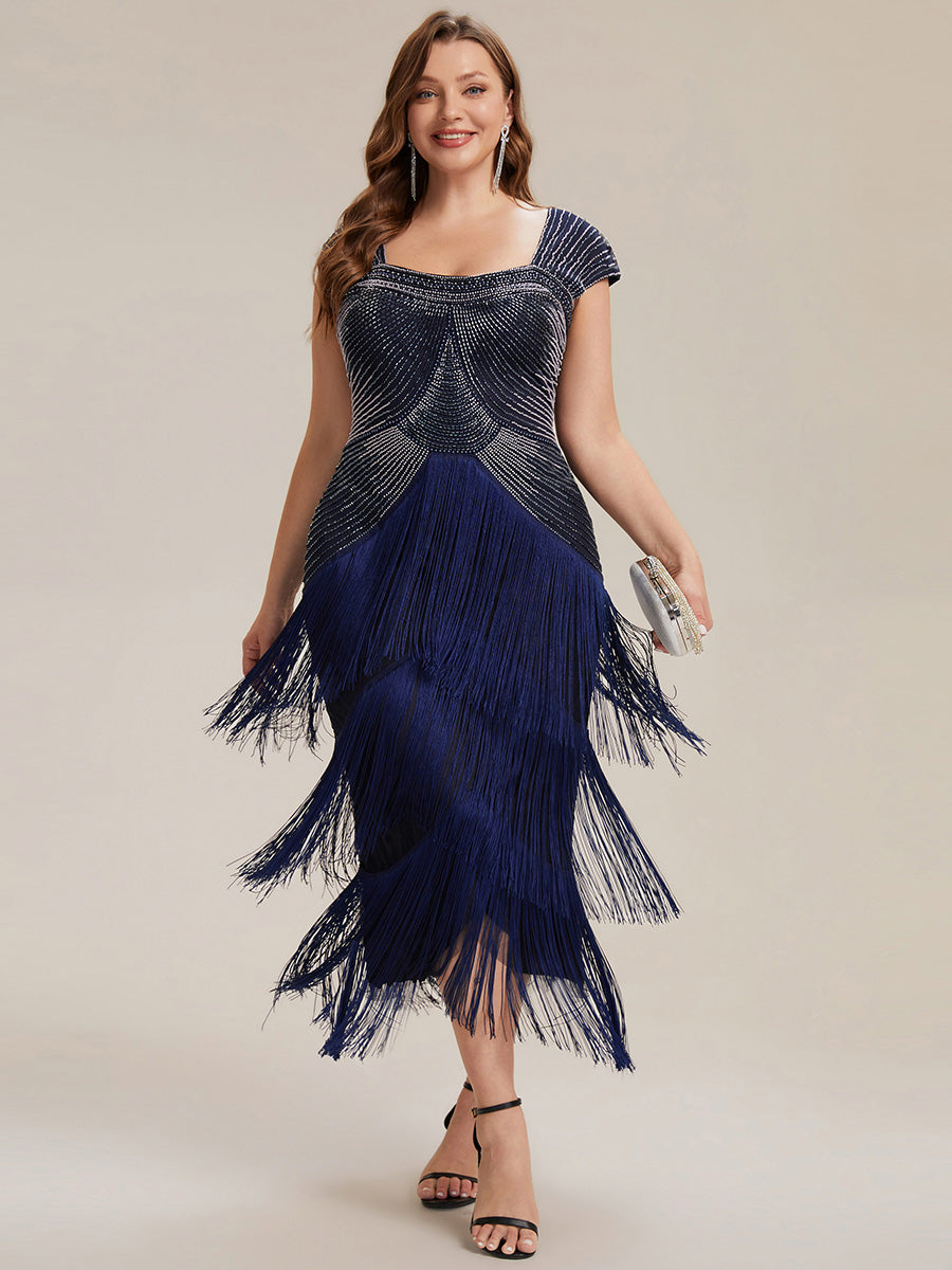 Sequin Sleeveless fringe cocktail dress #color_Navy Blue