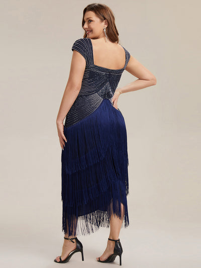 Sequin Sleeveless fringe cocktail dress #color_Navy Blue
