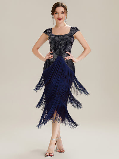 Sequin Sleeveless fringe cocktail dress #color_Navy Blue