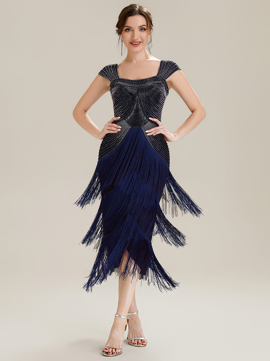 Sequin Sleeveless fringe cocktail dress #color_Navy Blue
