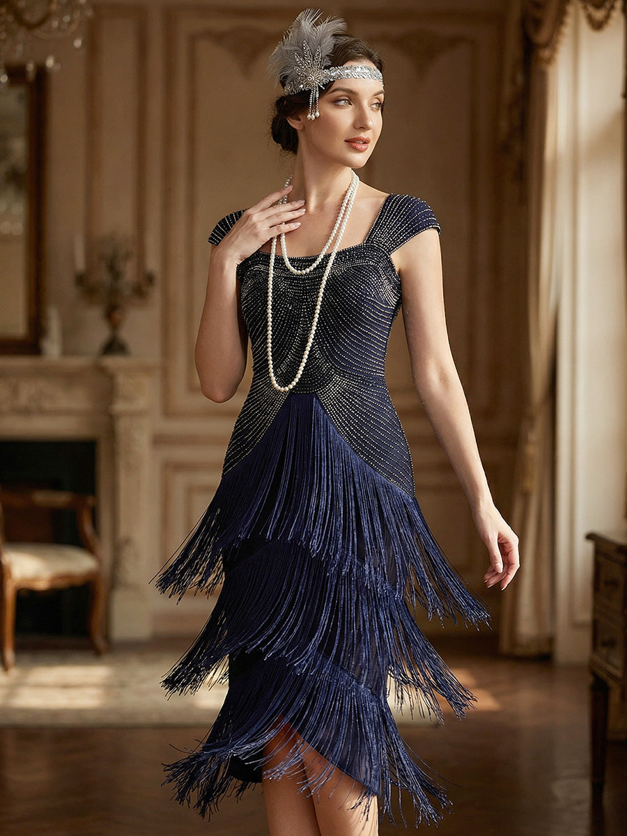 Sequin Sleeveless fringe cocktail dress #color_Navy Blue