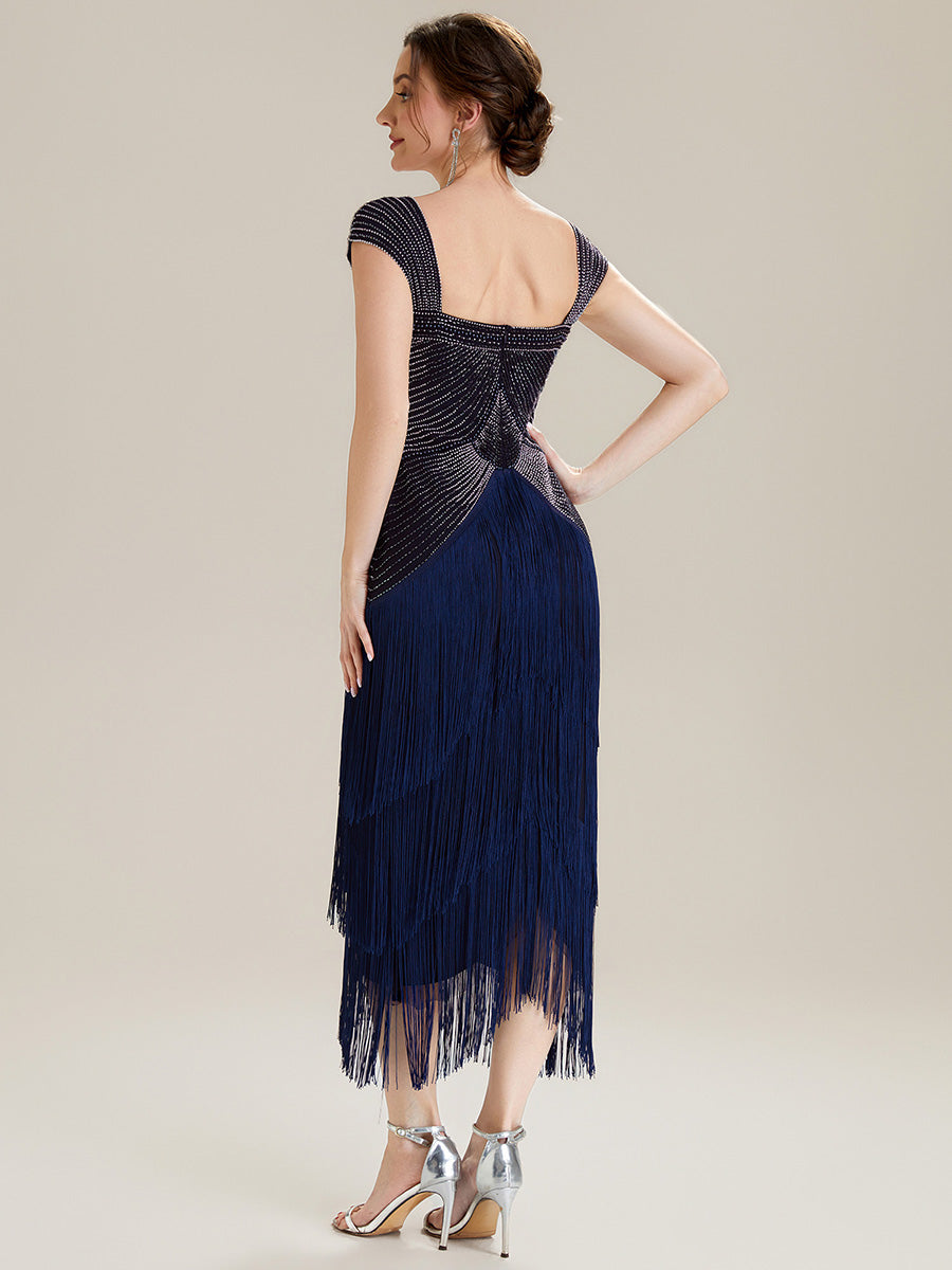 Sequin Sleeveless fringe cocktail dress #color_Navy Blue