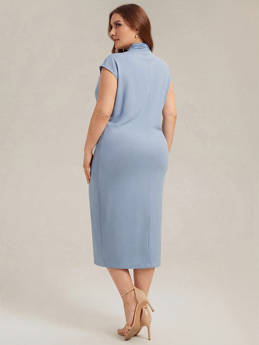 Plus Size Deep V-Neck Knit Wedding Guest Dress #color_Ice Blue