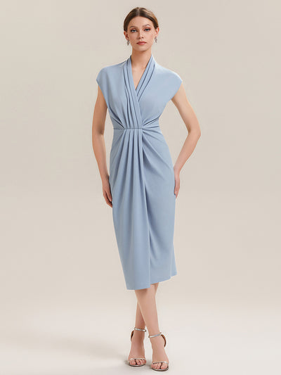 V-Neck Knit Slit Midi Wedding Guest Dress With Sleeves