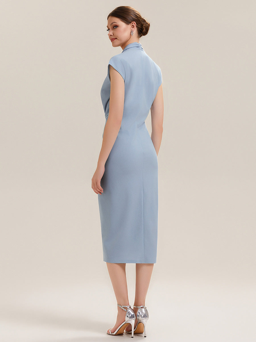 V-Neck Knit Slit Midi Wedding Guest Dress With Sleeves #color_Ice Blue