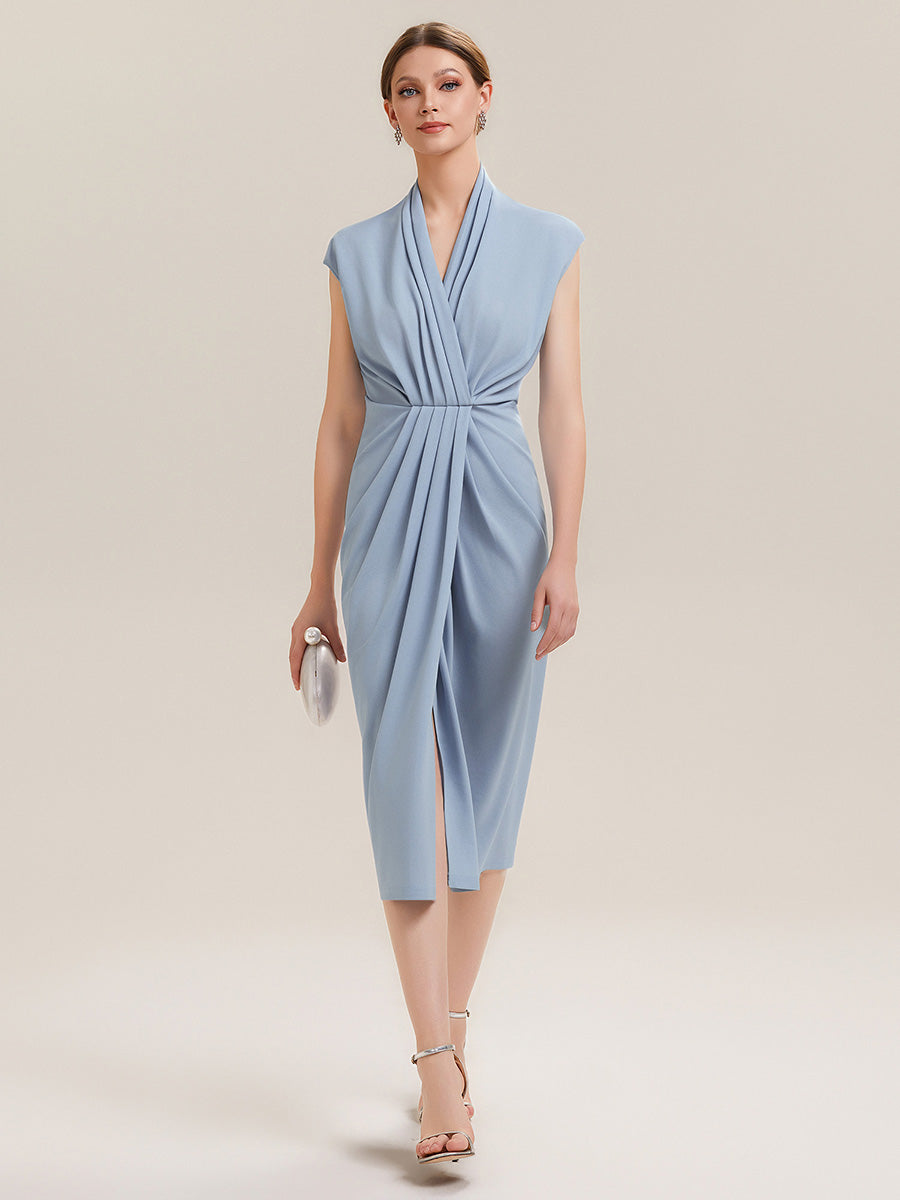 V-Neck Knit Slit Midi Wedding Guest Dress With Sleeves #color_Ice Blue