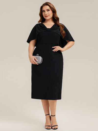 Plus Size Knit Shawl Sleeve Wedding Guest Dress #color_Black