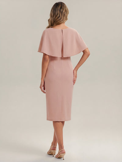 Knit Shawl Sleeve Sheath Wedding Guest Dress #color_Dusty Rose