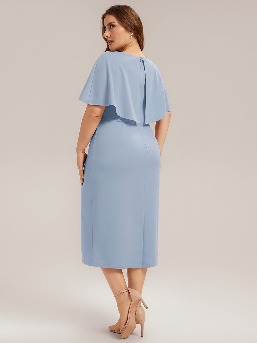 Knit Shawl Sleeve Sheath Wedding Guest Dress #color_Ice Blue