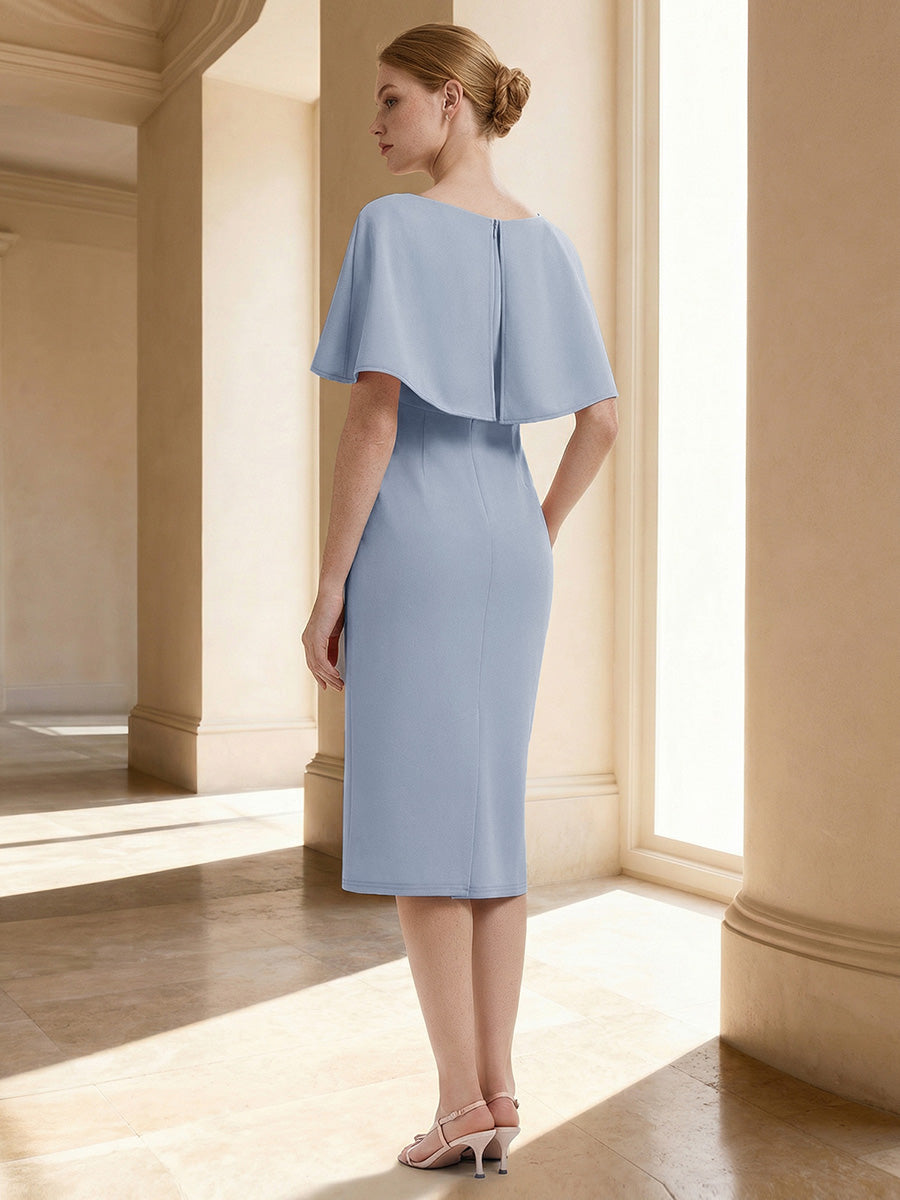 Knit Shawl Sleeve Sheath Wedding Guest Dress #color_Ice Blue