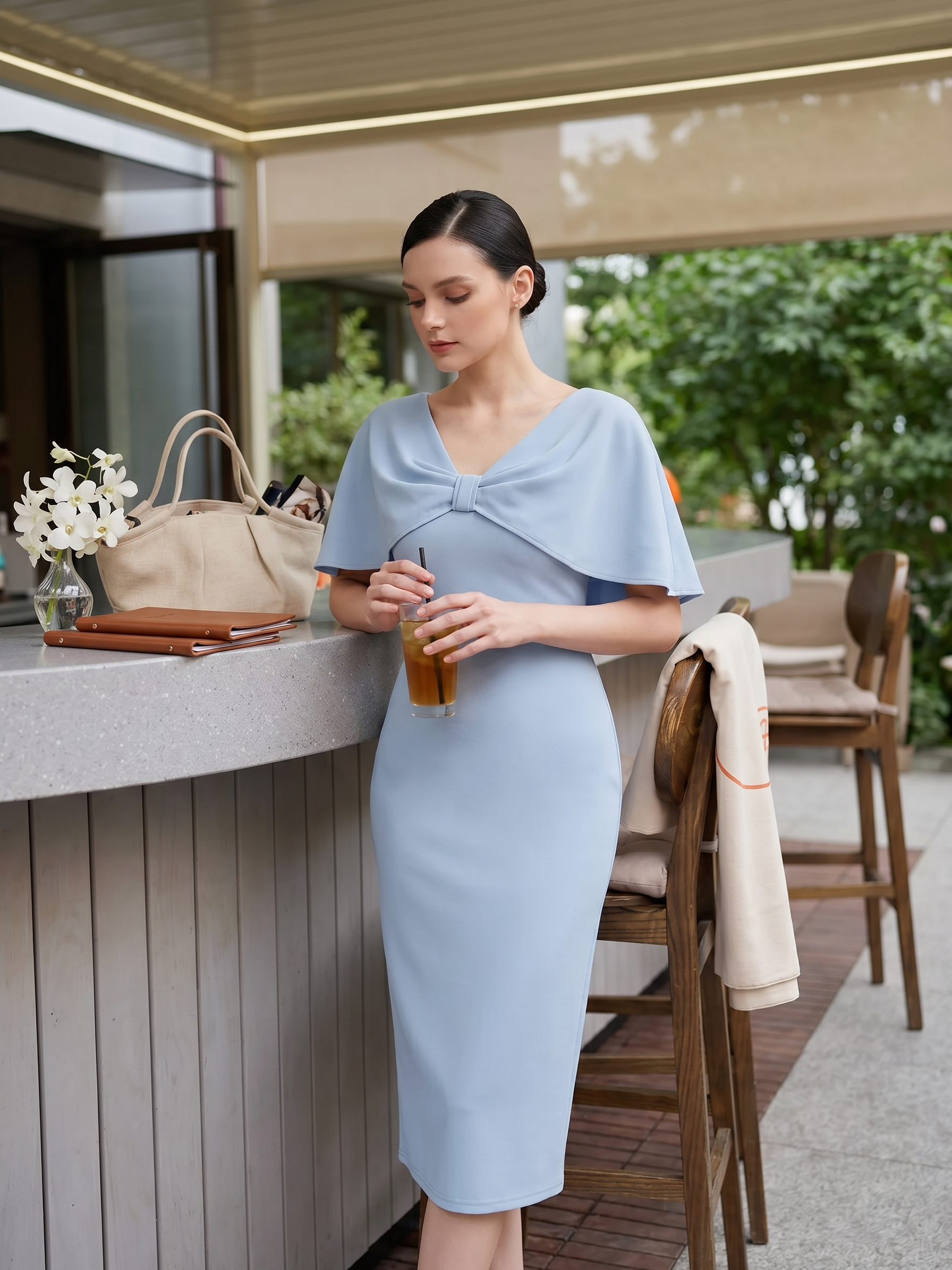 Knit Shawl Sleeve Sheath Wedding Guest Dress #color_Ice Blue
