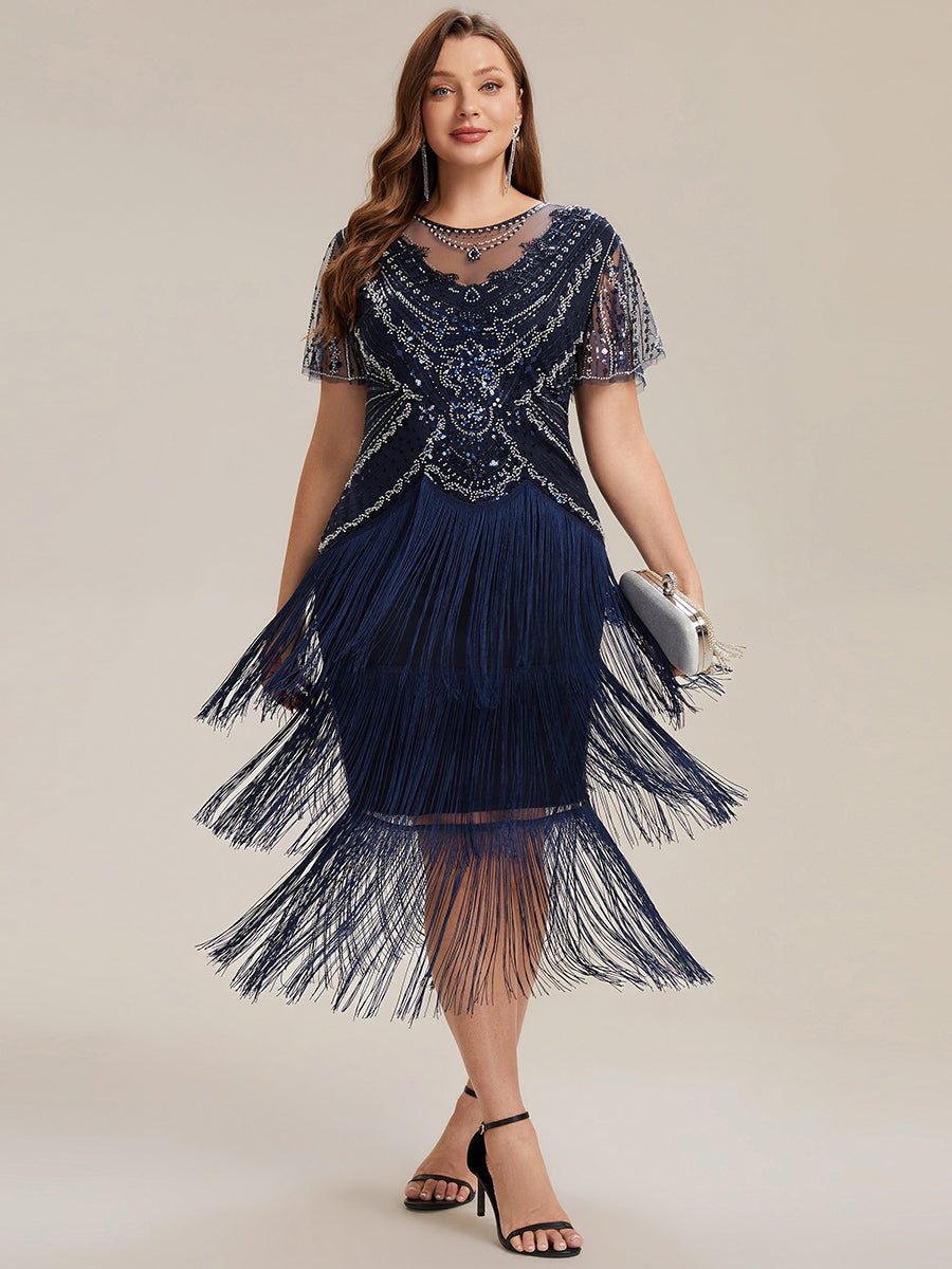 Beaded Sequin Ruffle Sleeve fringe flapper dress #color_Navy Blue