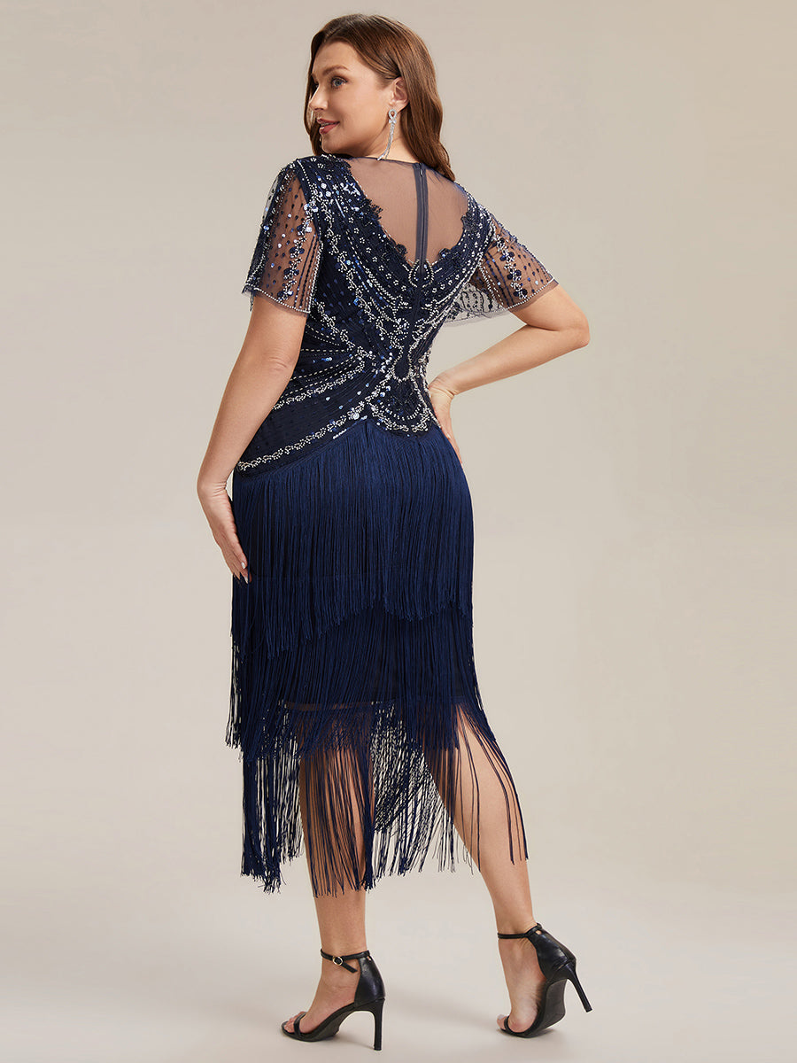 Beaded Sequin Ruffle Sleeve fringe flapper dress #color_Navy Blue