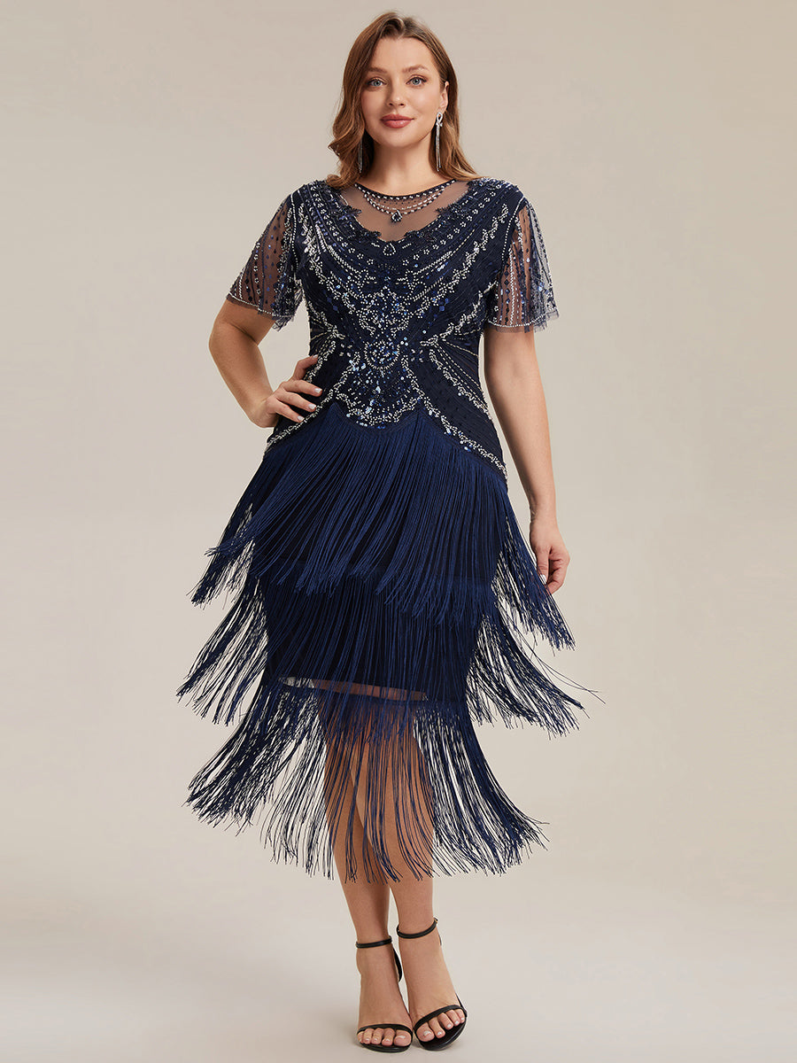 Beaded Sequin Ruffle Sleeve fringe flapper dress #color_Navy Blue