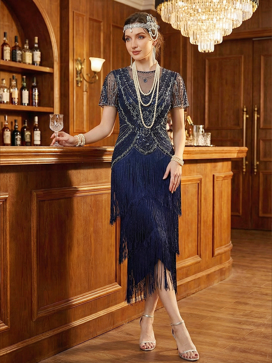 Beaded Sequin Ruffle Sleeve fringe flapper dress #color_Navy Blue