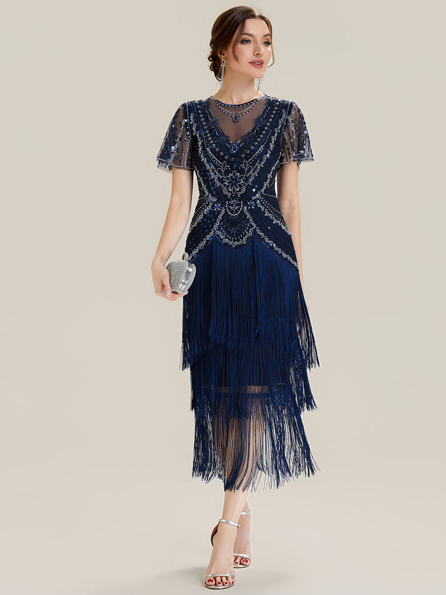 Beaded Sequin Ruffle Sleeve fringe flapper dress #color_Navy Blue