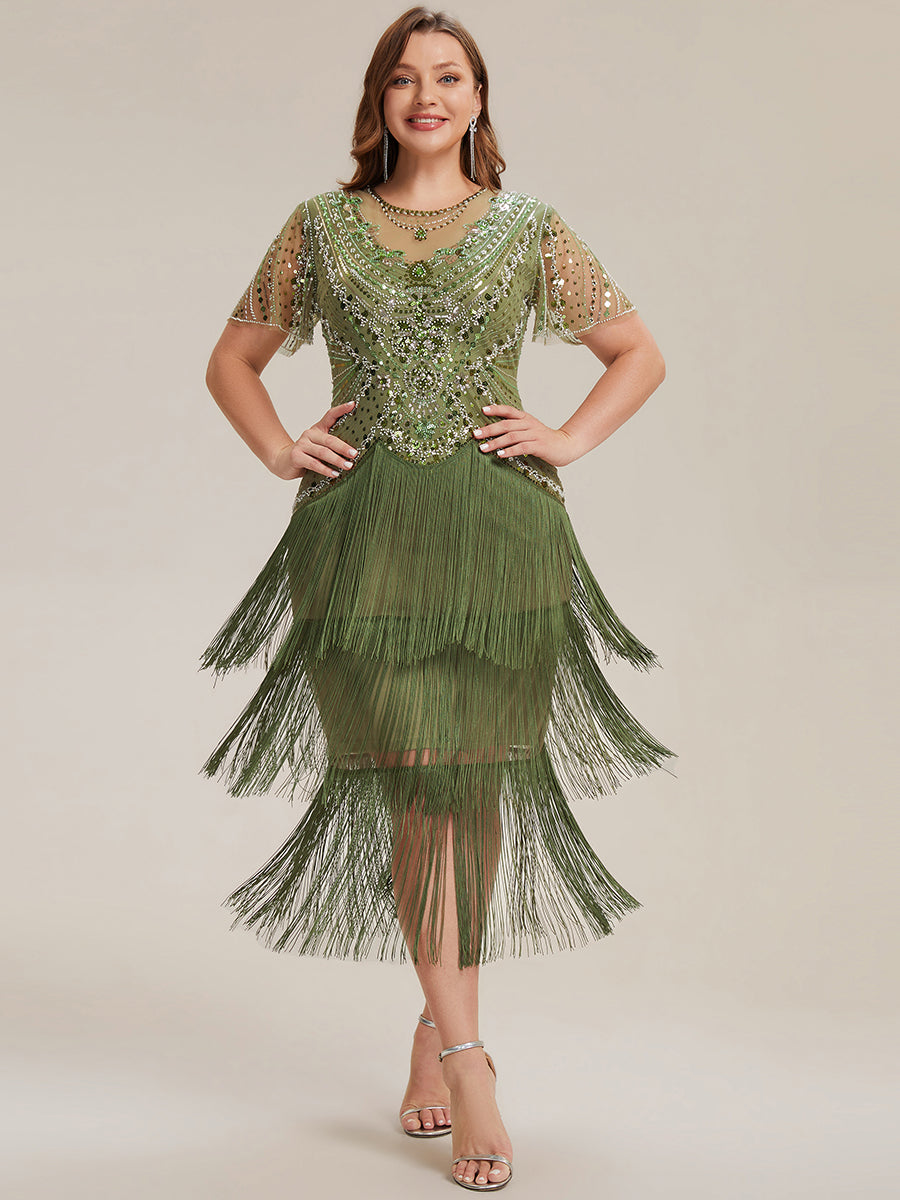 Beaded Sequin Ruffle Sleeve fringe flapper dress #color_Olive Green