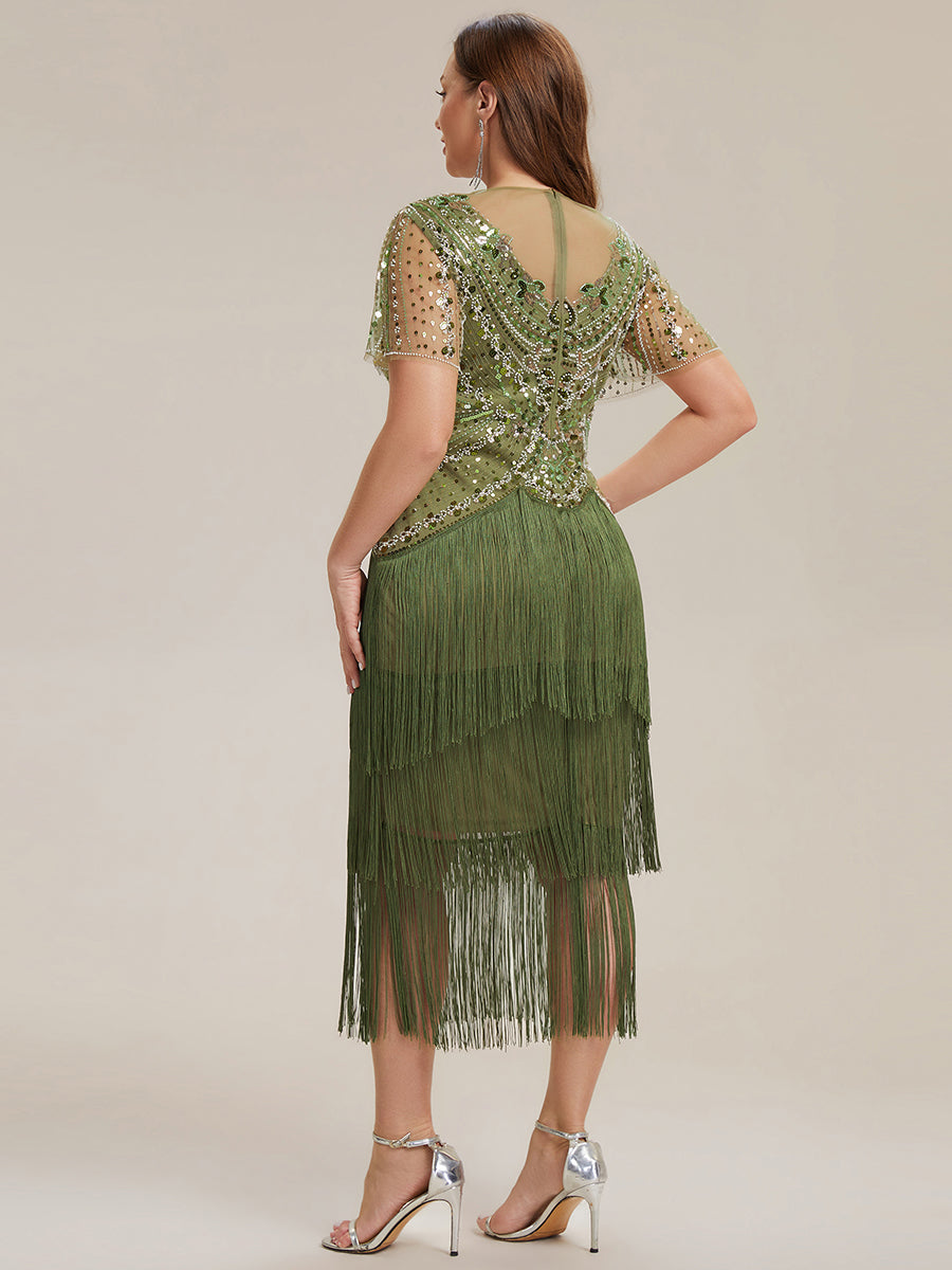 Beaded Sequin Ruffle Sleeve fringe flapper dress #color_Olive Green