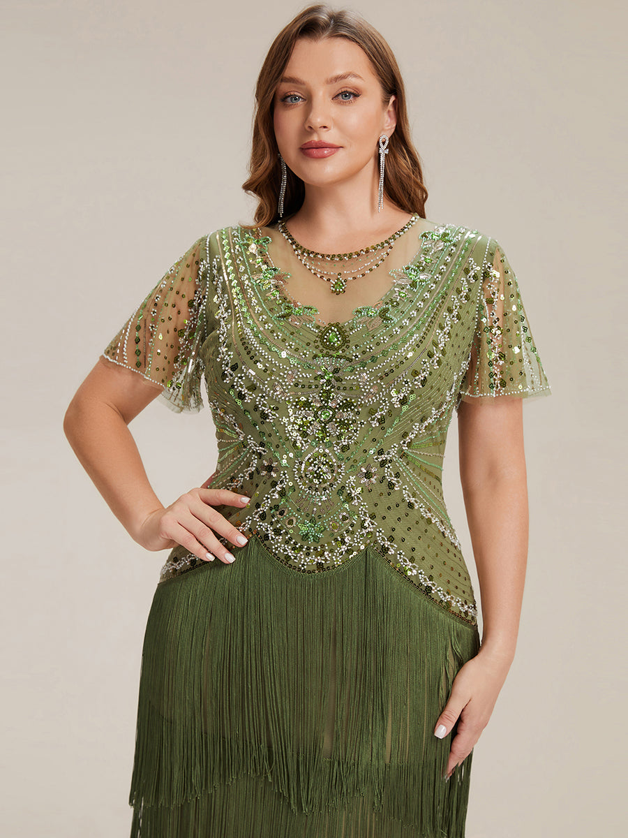 Beaded Sequin Ruffle Sleeve fringe flapper dress #color_Olive Green