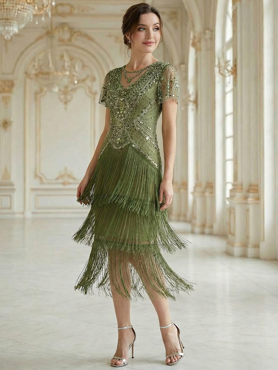Beaded Sequin Ruffle Sleeve fringe flapper dress #color_Olive Green