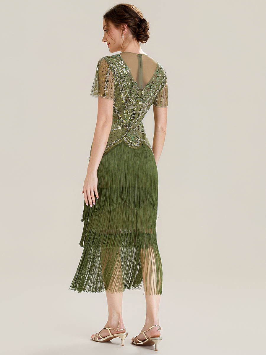 Beaded Sequin Ruffle Sleeve fringe flapper dress #color_Olive Green