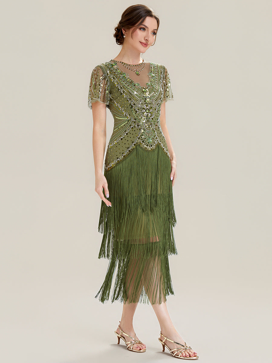Beaded Sequin Ruffle Sleeve fringe flapper dress #color_Olive Green