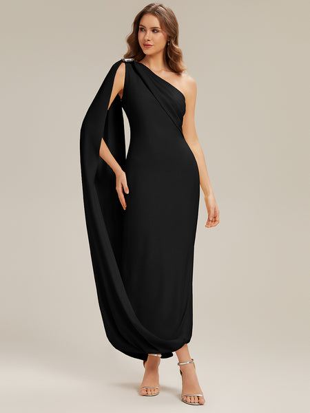 Cape One-Shoulder Ruched Column Floor Length Formal Dress With Side Slit