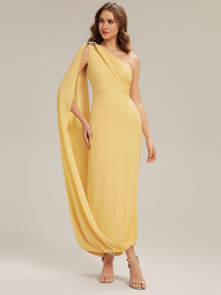 Cape One-Shoulder Ruched Column Floor Length Formal Dress With Side Slit