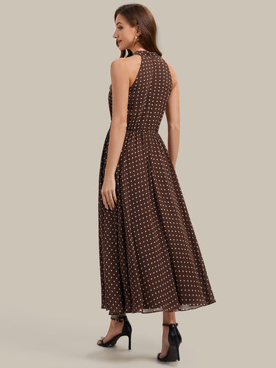 Pleated Chiffon Sleeveless Wedding Guest Dress #color_Brown Polka Dots