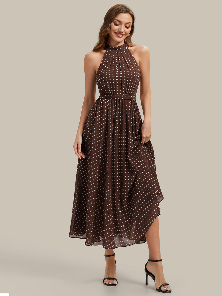 Pleated Chiffon Sleeveless Wedding Guest Dress #color_Brown Polka Dots