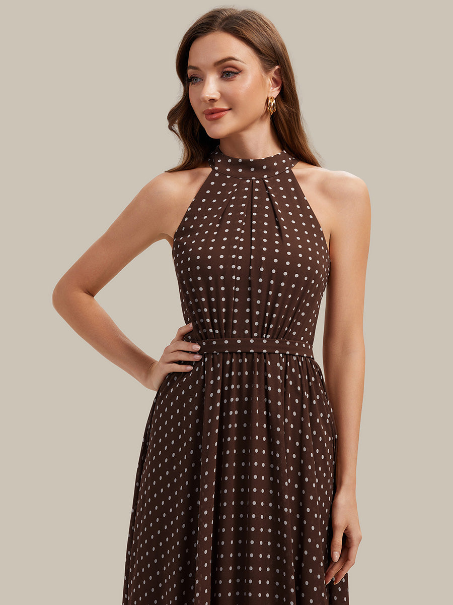 Pleated Chiffon Sleeveless Wedding Guest Dress #color_Brown Polka Dots
