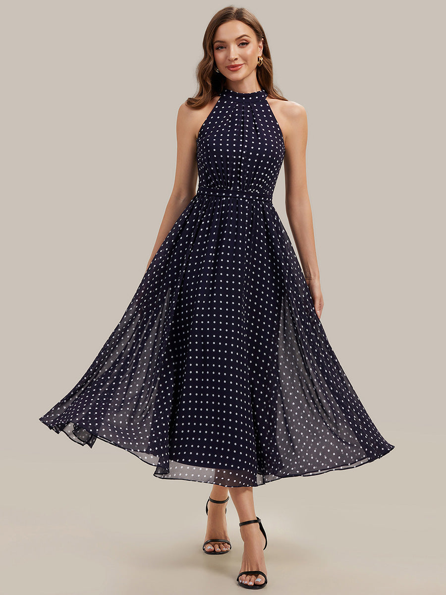 Polka Dots Pleated Chiffon Halter Midi Wedding Guest Dress - Ever