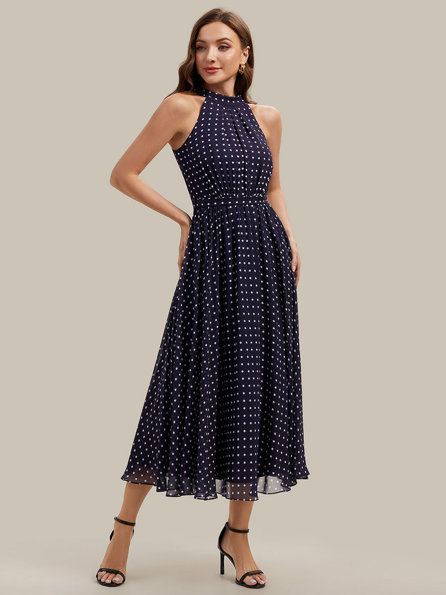 Pleated Chiffon Sleeveless Wedding Guest Dress #color_Navy Blue Polka Dots