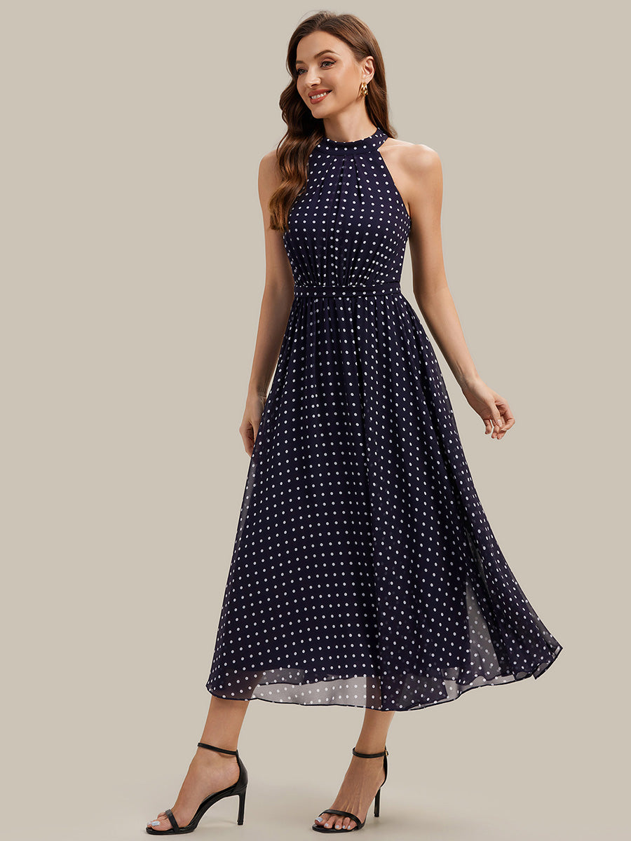 Pleated Chiffon Sleeveless Wedding Guest Dress #color_Navy Blue Polka Dots