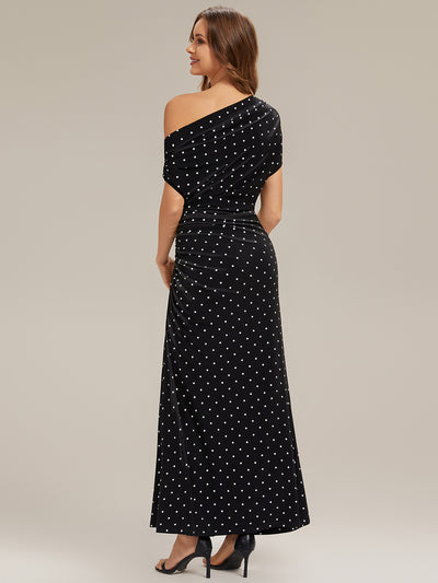 Printed Knit Drop Shoulder Sleeve Wedding Guest Dress #color_Black Polka Dot