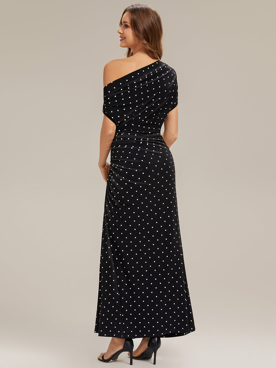 Ever-Pretty Polka Dot Drop Shoulder Maxi Dress with Ruched Detail