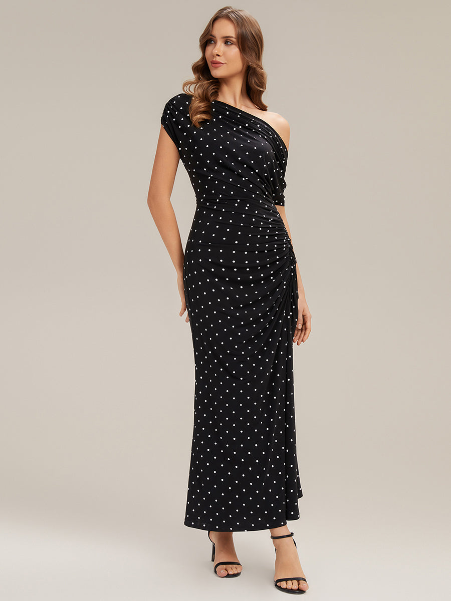 Printed Knit Drop Shoulder Sleeve Wedding Guest Dress #color_Black Polka Dot