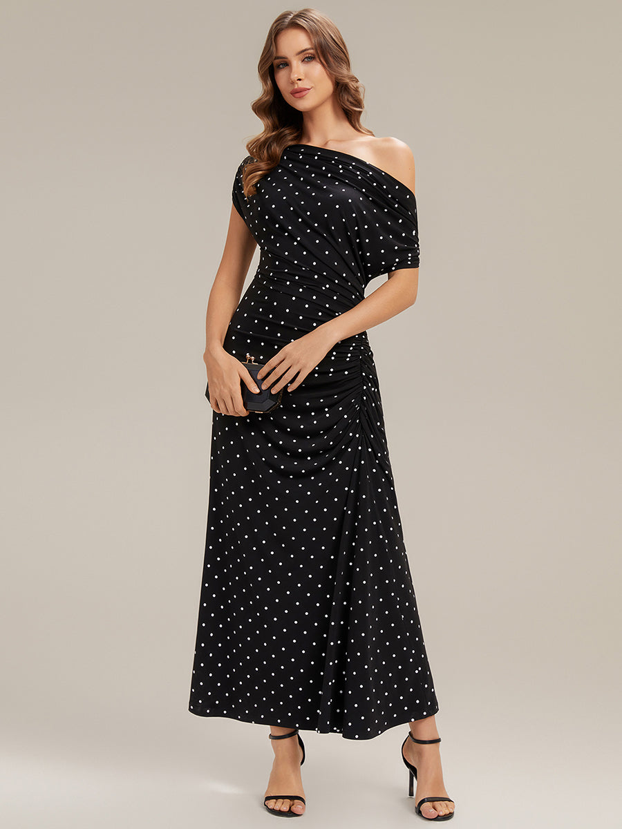 Printed Knit Drop Shoulder Sleeve Wedding Guest Dress #color_Black Polka Dot
