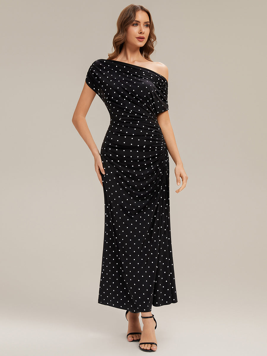 Polka Dot Drop Shoulder Maxi Dress with Ruched Detail