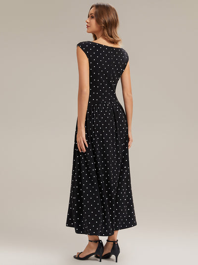 Knit Sleeveless Sheath Wedding Guest Dress #color_Black Polka Dot