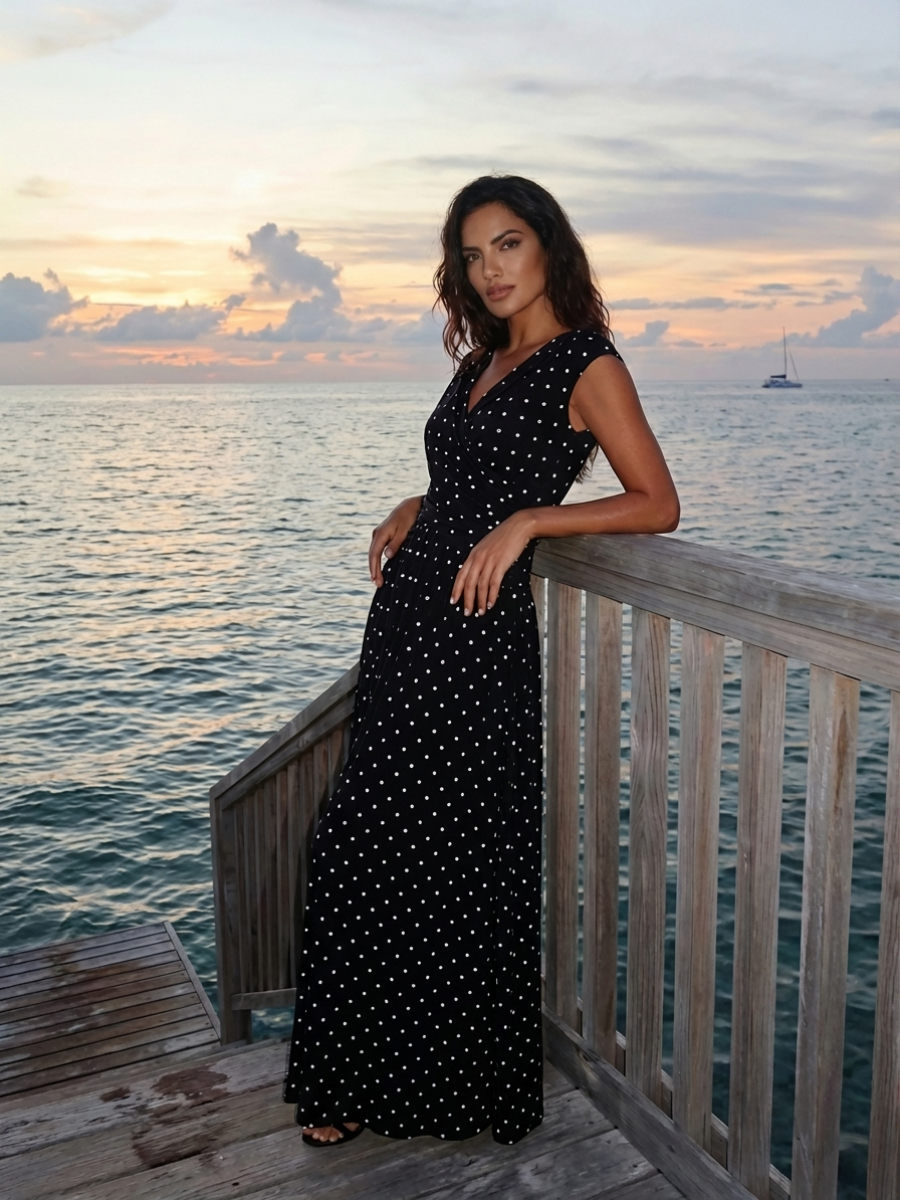 Knit Sleeveless Sheath Wedding Guest Dress #color_Black Polka Dot