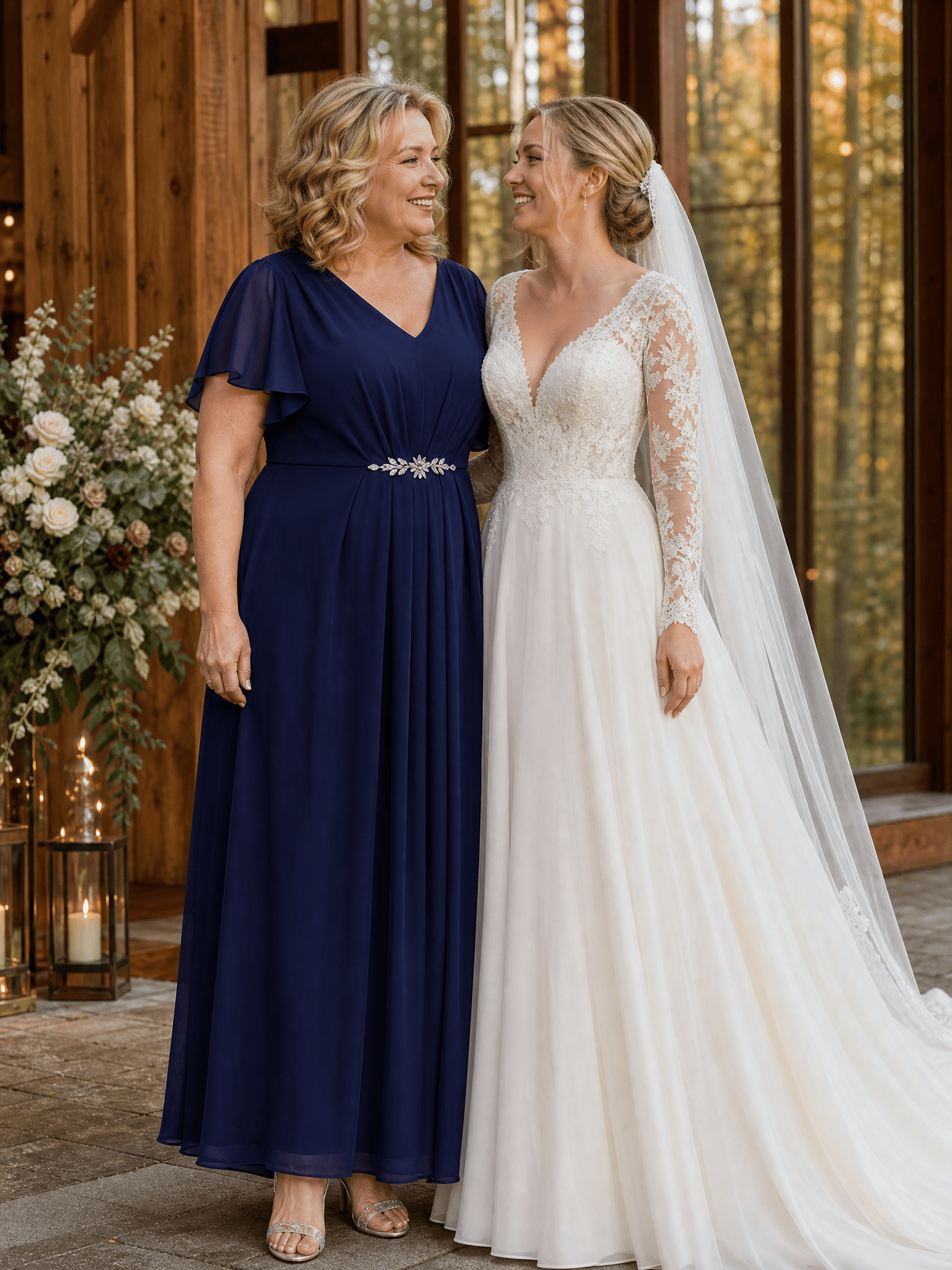 Rhinestone Embellished Chiffon Ruffle Sleeve Wedding Guest Dress #color_Navy Blue