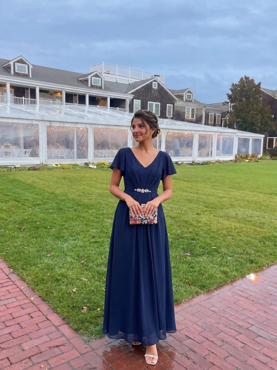 Rhinestone Embellished Chiffon Ruffle Sleeve Wedding Guest Dress #color_Navy Blue