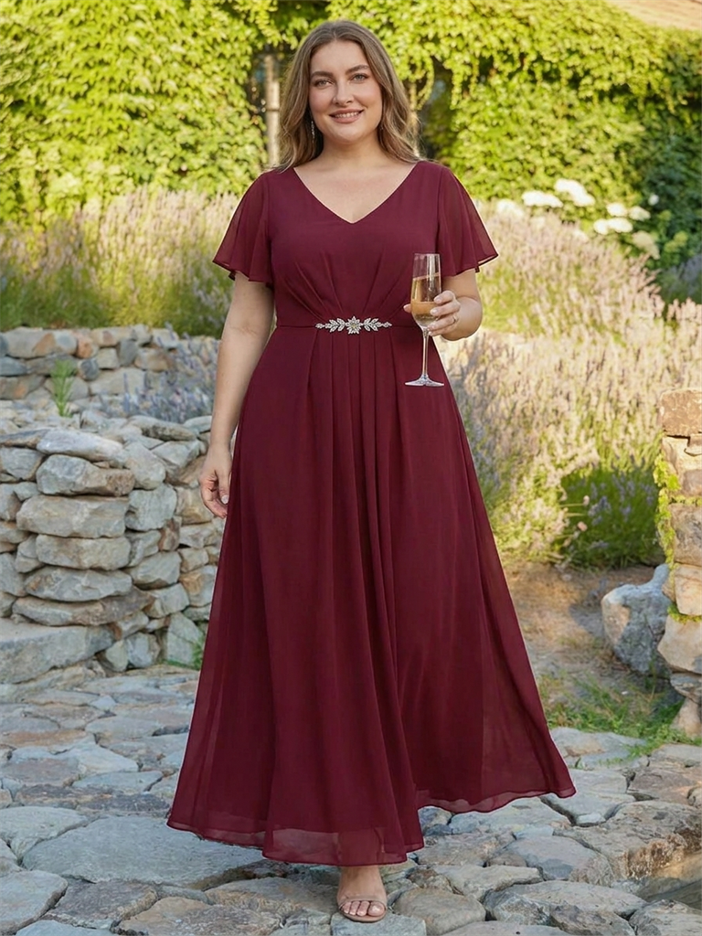 Rhinestone Embellished Chiffon Ruffle Sleeve Wedding Guest Dress #color_Burgundy