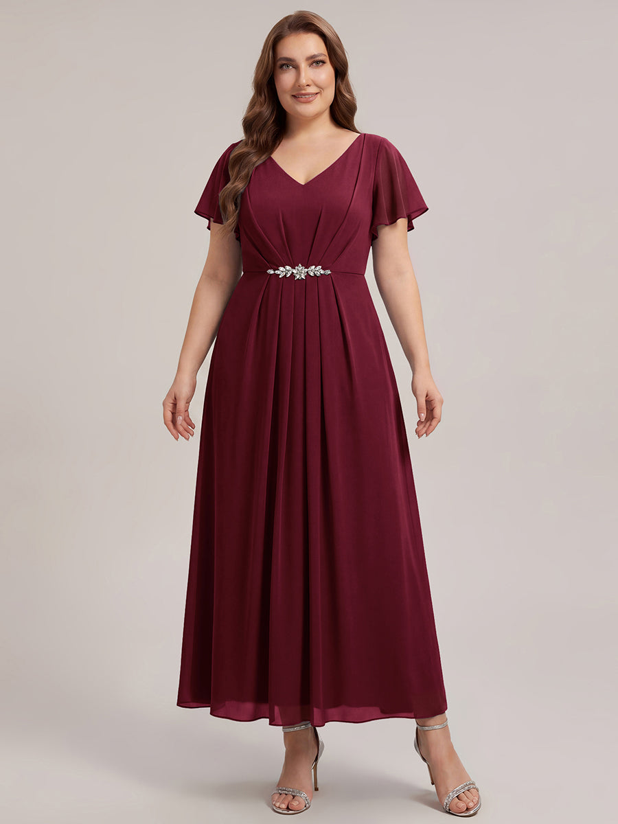 Rhinestone Embellished Chiffon Ruffle Sleeve Wedding Guest Dress #color_Burgundy