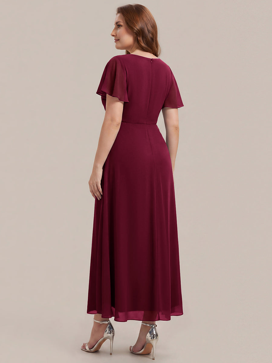 Rhinestone Embellished Chiffon Ruffle Sleeve Wedding Guest Dress #color_Burgundy