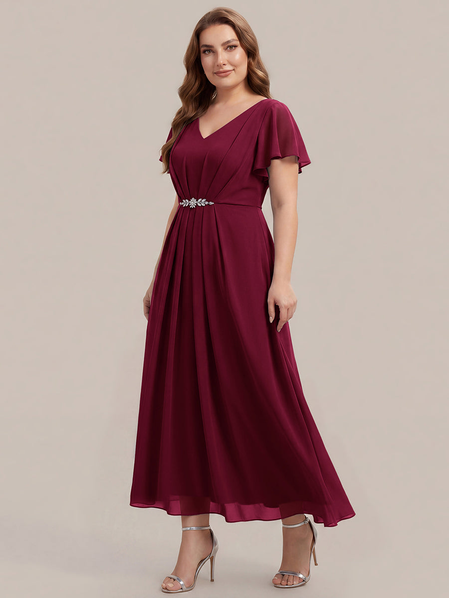 Rhinestone Embellished Chiffon Ruffle Sleeve Wedding Guest Dress #color_Burgundy