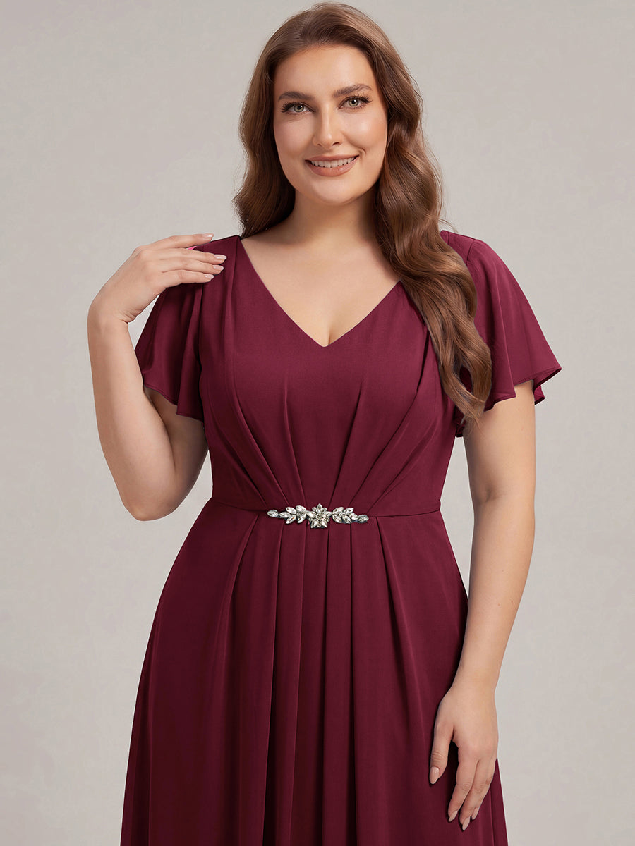 Rhinestone Embellished Chiffon Ruffle Sleeve Wedding Guest Dress #color_Burgundy